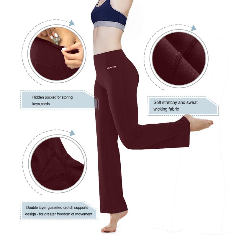 HISKYWIN Inner Pocket Yoga Pants 4 Way Stretch Tummy Control Workout Running Pants, Long Bootleg Flare Pants HF2-Bordeaux-XL - Image 4